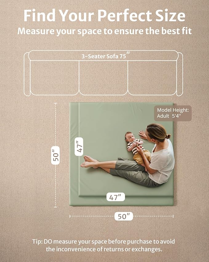 Blissful Diary Vegan Leather Baby Play Mat, 47x47 Thicken Foam Cushioned & Waterproof Playpen Mat for Infants and Toddlers, Stylish and Just Wipe-Clean Playmat for Baby Play on Floor, Light Green-CubbioJoy