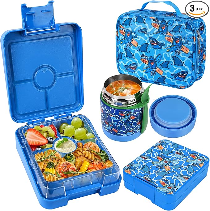 Bento Lunch Box Set With 10oz Soup Thermo, Leak-proof Lunch Containers with 4 Compartment, Kids Hot Thermo Food Jar/Insulation Lunch Bag, Food Containers for School（Shark）-CubbioJoy