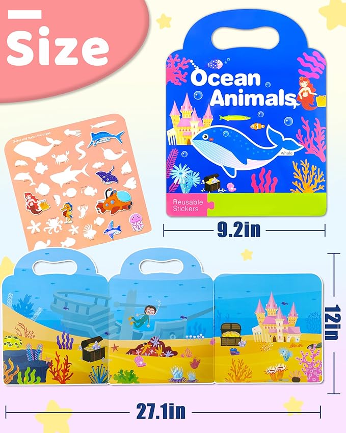 Benresive Reusable Sticker Books for Kids 2-4, Sticker Books for Toddlers 1-3 2-4, Toddler Travel Toys Activities Crafts Gifts - Ocean-CubbioJoy