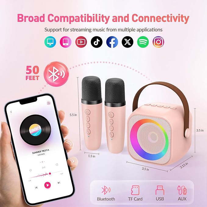 Karaoke Machine for Kids Adults, Mini Portable Bluetooth Karaoke Speaker with 2 Wireless Microphone and Lights, Christmas Birthday Gifts for Girls Ages 4, 5, 6, 7, 8, 9, 10, 12+ Family Home Party-CubbioJoy