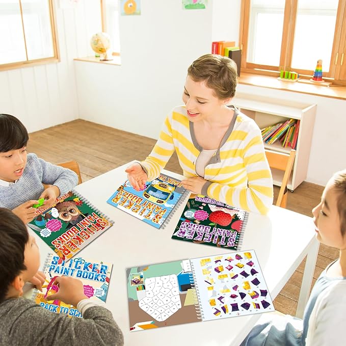 4Pcs Back to School Paint by Sticker Books Sticker by Number Books Activity Book Puzzle Book Craft Art Gift School Bus Apple Owl Alarm 32 Pictures-CubbioJoy