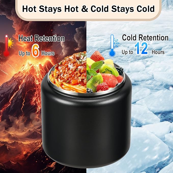 26oz Kids Thermos for Hot Food, Insulated Vacuum Food Jar with Buckle Lid, Stainless Steel Wide Mouth Leak Proof Insulated Lunch Container for School Picnic Travel, Black-CubbioJoy