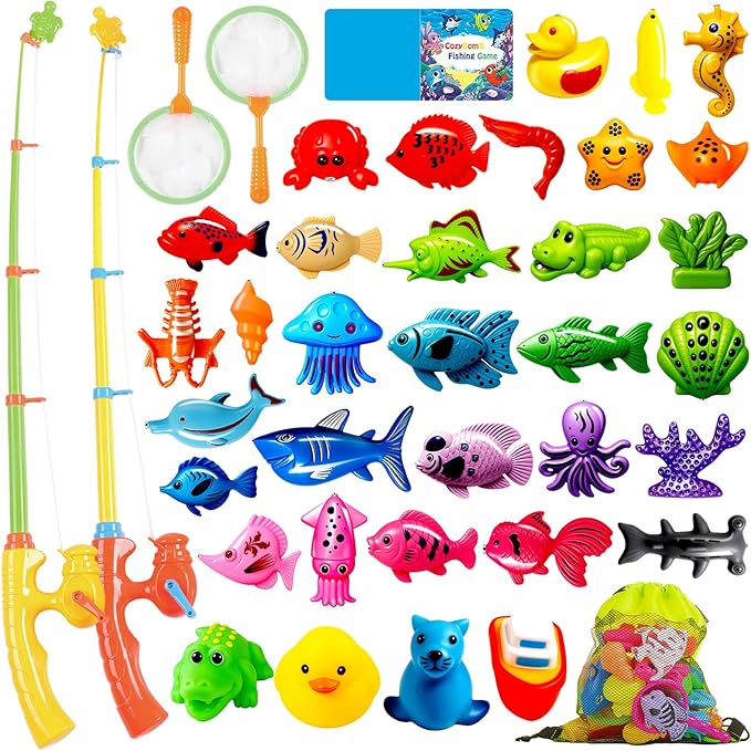 CozyBomB™ Magnetic Fishing Toys Game Set for Kids | Water Table Bathtub Kiddie Pool Party & Pole Rod Net, Plastic Floating Fish Toddler Color Ocean Sea Animals Birthday Age 3 4 5 6 Year-CubbioJoy