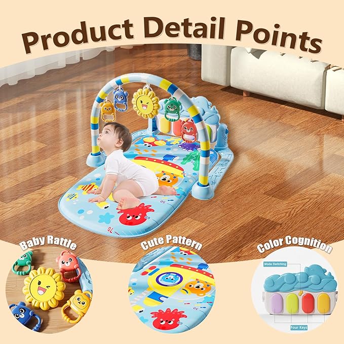 Alive Lovely Baby Gyms Play Mats, Musical Activity Center Baby Piano Gym Mat, Music and Lights Tummy Time Padded Mat for Newborn 0 to 3 6 9 12 Months-CubbioJoy