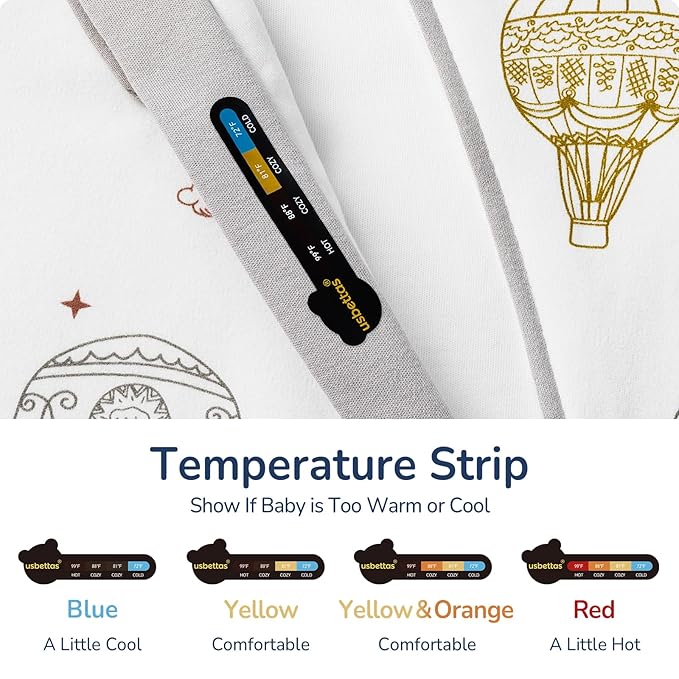 Baby Sleep Sack 3-6 Months, Cotton Detachable Long Sleeve Sleep Sack, 1.0 Tog Toddler Sleeping Sack with Temperature Strips, 2-Way Zipper Wearable Blankets for Newborns, Hot Air Balloon-CubbioJoy