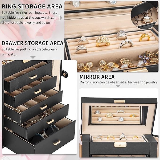 AKOZLIN Large 6-Tier Jewelry Box Lockable Leather Jewelry Storage Case with 5 Drawers for Women Girls Ring Necklace Earring Bracelet Holder Organizer with Mirror-CubbioJoy