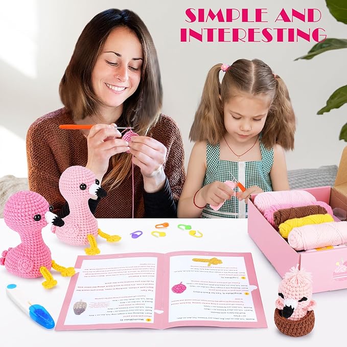 Crochet Kit for Beginners -Flamingo Family Crochet Kits with Step-by-Step Video Tutorials, Beginner Crochet Kit for Adults, Crochet Animal Kit for Kids, 3PCS Flamingo Crocheting Set(Pink)-CubbioJoy