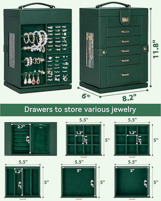 AKOZLIN 360° Rotating Jewelry Box 6-Tier Organizer Functional Jewelry Storage Case for Women Girls Ring Necklace Earring Bracelet Holder with Mirror-CubbioJoy