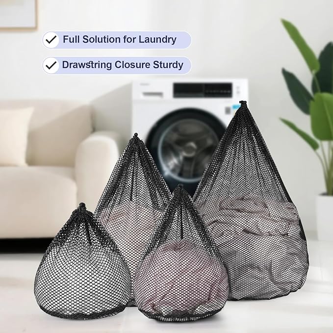 4Pcs Mesh Laundry Bags Washing Machine Mesh Wash Bags Jumbo for Delicates Clothes,Bed Linen,Toys with Drawstring Closure Sturdy (Black, Pack 4 Pcs)-CubbioJoy