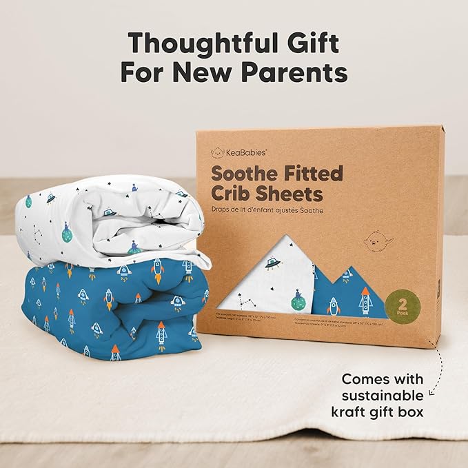KeaBabies 2-Pack Organic Crib Sheets for Boys, Girls - 52x28 Fitted Crib Mattress Sheet Neutral, Breathable Jersey Cotton Cover for Baby Bed, Toddler Mattress, Soft & Cute Prints (Space Quest)-CubbioJoy