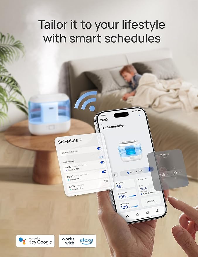 Dreo Humidifiers for Bedroom, Top Fill 4L Smart Cool Mist Humidifier with Oil Diffuser, Cartridge, Nightlight, 36H Runtime, Quiet Ultrasonic Humidifiers for Home, Baby Nursery, Plants, Office, HM311S-CubbioJoy
