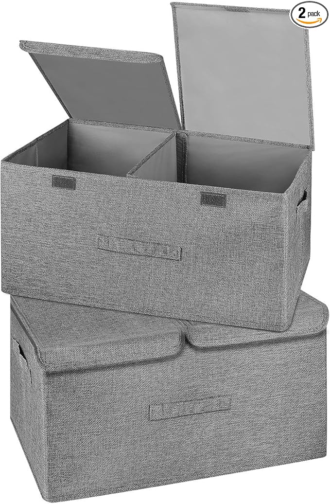 2 Pack Large Storage Boxes with Lids and Handles, Collapsible Linen Storage Bins Organizer Containers Baskets Cube with Removable Divider for Home Bedroom Closet Office (Grey, Large)-CubbioJoy