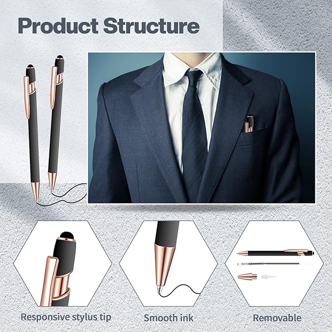 8 Pieces Ballpoint Pen with Stylus Tip Black Ink 2 in 1 Stylus Metal 1.0 mm Medium Point Smooth Pen Rainbow Colorful Rubberized Ballpoint for Touch Screen Tablet(Gray)-CubbioJoy