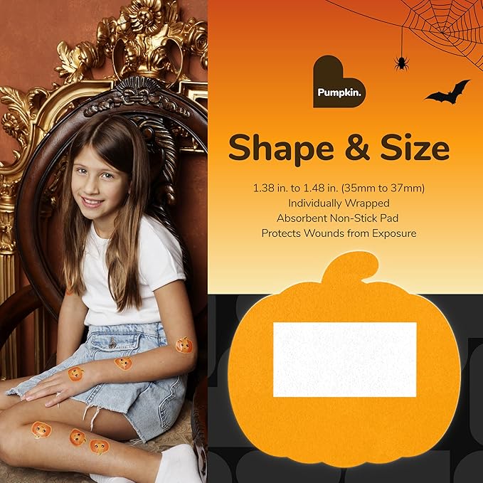 BioSwiss Bandages, Halloween Pumpkin Shaped Self Adhesive Bandage, Latex Free Sterile Wound Care, Fun First Aid Kit Supplies for Kids, 24 Count-CubbioJoy