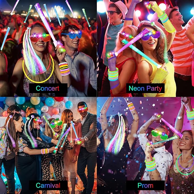 290 PCS Glow in the Dark Party Supplies, 200 Glow Sticks, 24 Fiber Optic Wands, 15 LED Glasses, 33 Finger Lights and 18 LED Hair Clips for Wedding, Birthday, Concert, Raves, New Year-CubbioJoy