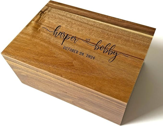 Keepsake Box for Couple - Engraved Memento Box w/ Couples Names, Anniversary Wedding Gift for Couple, Acacia Wood Love Chest, Time Capsule, Custom Heirloom Storage, Hidden Message, 11 x 8 x 4.75 in-CubbioJoy