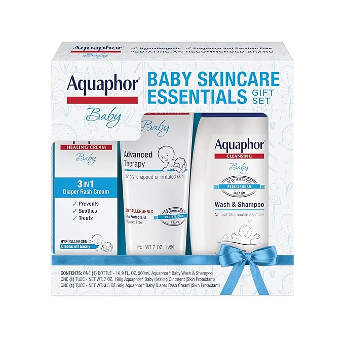Aquaphor Baby Skin Care Essentials Gift Set with Baby Wash and Shampoo (16.9 Fl Oz) + Healing Ointment for Chapped Skin and Drool Rash (7Oz) + Diaper Rash Cream (3.5Oz), Hypoallergenic-CubbioJoy