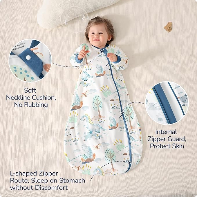 Baby Sleep Sack 6-12 Months, Cotton Detachable Long Sleeve Sleep Sack, 2.5 Tog Toddler Sleeping Sack with Temperature Strips, 2-Way Zipper Wearable Blankets for Newborns, Dinosaur-CubbioJoy