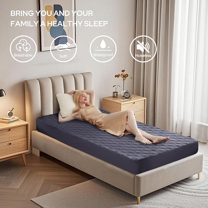 2 Pack Waterproof Mattress Protector, Twin XL Size Mattress Pad with Deep Pocket 6"-15" Depth, Soft Breathable Dirt-Proof Single Bed Mattress Cover for Bedroom, Dorm Room (Navy Blue)-CubbioJoy