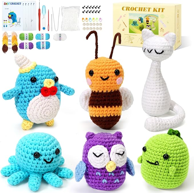 6 PCS Crochet Animal Kit –2026 DIY Amigurumi Crochet Kit for Beginners, Knitting Crochet Kit For Kids Adults , Knitting Kit with detailed videos tutorials, Yarn, Hook, Best Gift For Crochet Lovers-CubbioJoy