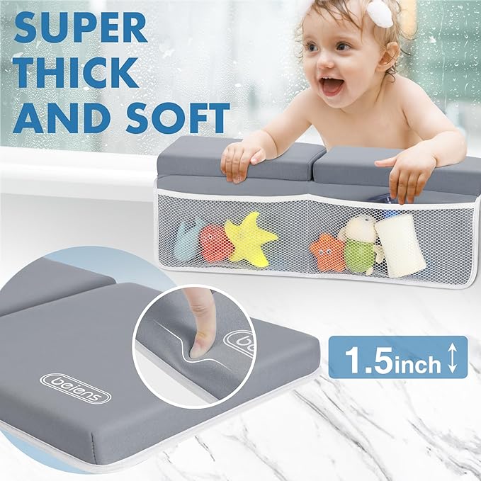 beiens Bath Kneeler and Elbow Rest Pad Set - 1.5'' Comfortable Thick Baby Bath Kneeler Pads, Quick Dry Soft Kneeling Pad for Baby Bath Time, Non-Slip Knee& Arm Support Bathtub Mat with Toys Organizer-CubbioJoy