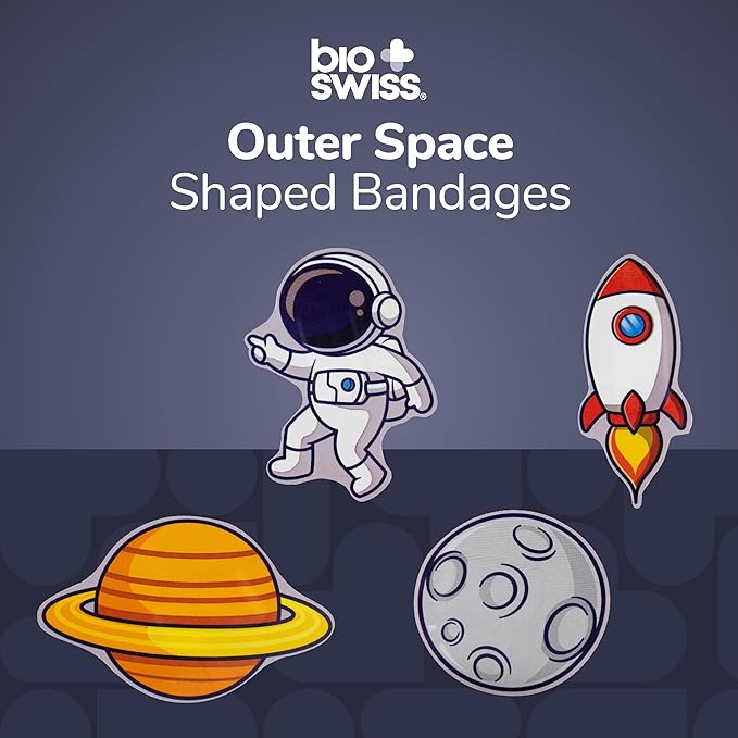 BioSwiss Bandages, Outer Space Shaped Self Adhesive Bandage, Latex Free Sterile Wound Care, Fun First Aid Kit Supplies for Kids and Adults, 50 Count-CubbioJoy