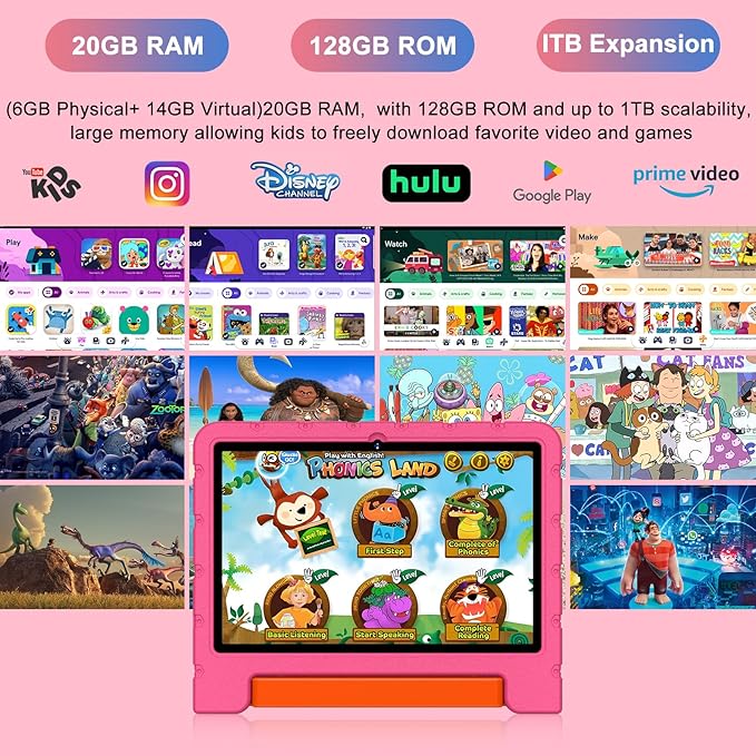 2025 Kids Tablet 10 inch Android 14 Tablets for Kid Octa-Core, 20GB+128GB (TF 1TB), Toddler Tablet with Shockproof Case, 2.4G+5G WiFi 6, Parental Control, Face Unlocked, Split Screen, BT5.0 (Rose Red)-CubbioJoy