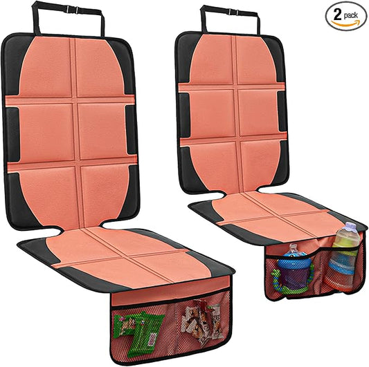 Car Seat Protector for Child, 2 Pack Covers with Mesh Pockets & Non-Slip Backing, 600D Durable Under Seat for Back (Orange, Large)-CubbioJoy