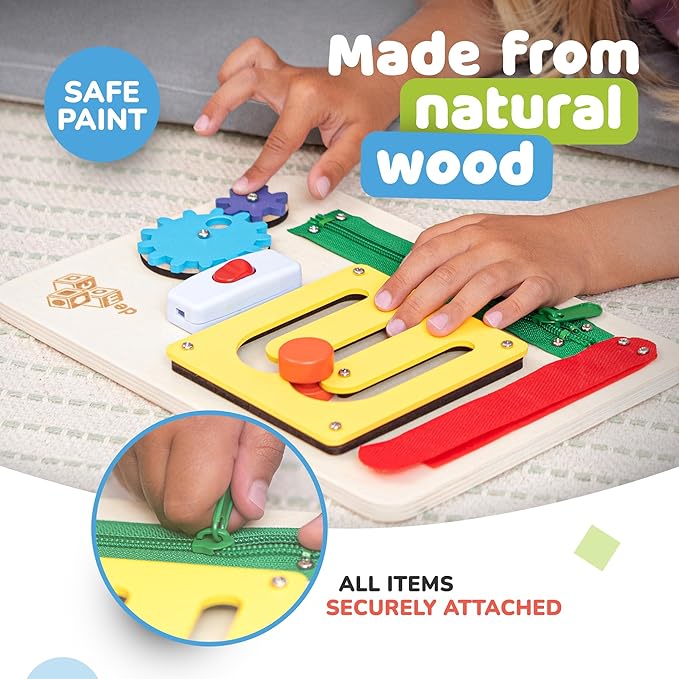 deMoca Montessori Busy Board for 1 Year Old, Premium Wooden Baby Busy Board, Airplane Toys for Toddlers 1-3, Car Travel Essential, Gift for Boys & Girls-CubbioJoy