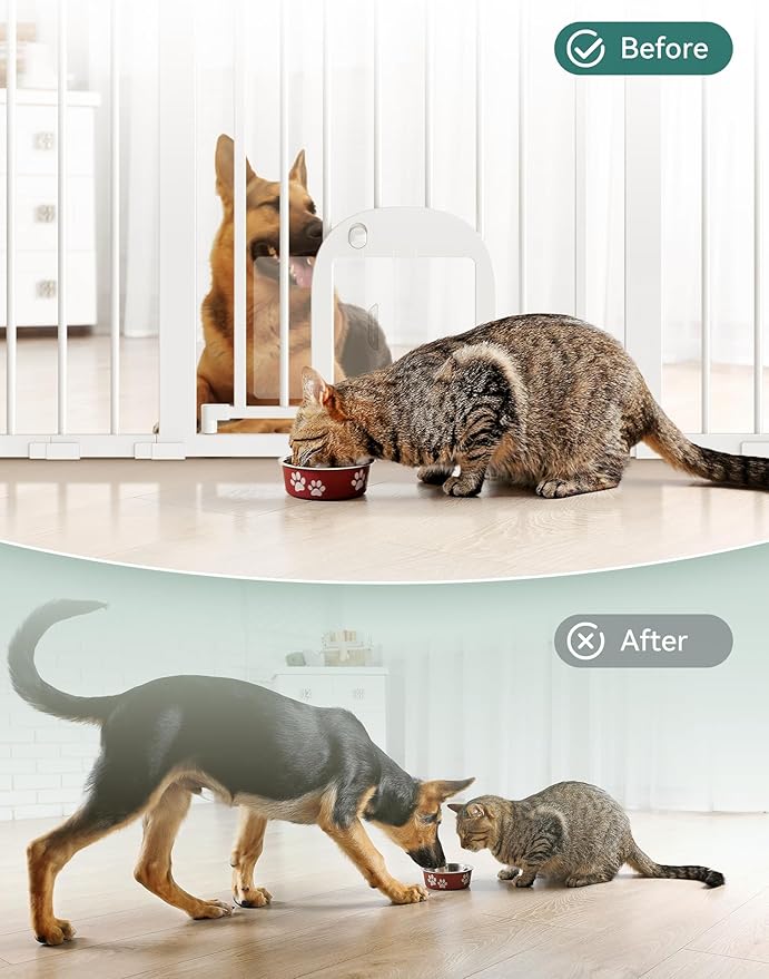 Babelio 29-48" Extra Wide Baby Gate with Adjustable Cat Door,Easy Install Pressure/Hardware Mounted,Auto Close Pet door for Stairs,House,Doorways,Effortless Walk Thru,White-CubbioJoy