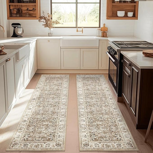 jinchan Runner Rug 3x10-2pcs Kitchen Washable Vintage Hallway Rug Floral Print Floor Cover Indoor Thin Retro Mat Accent for Bathroom Laundry Room Bedroom Office Farmhouse (Double,Taupe)-CubbioJoy