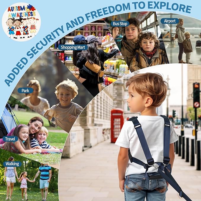 JXM Safety Harness for Active Childs with Quick Grab Handle, Teens Youth Secure Walking Harness with Autism Awareness and Pouch, Adjustable Tether Leash for Autism ADHD Special Needs Child Kids-CubbioJoy