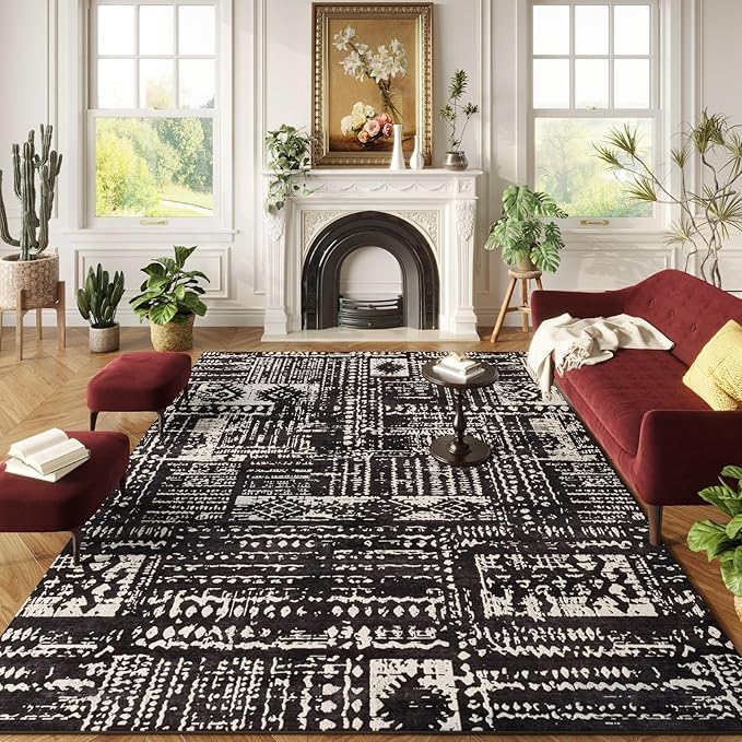 Area Rugs 8x10 Rug for Living Room Clearance Washable Boho Area Rug Non Slip Moroccan Vintage Low Pile Large Rug for Living Room, Bedroom, Farmhouse, Dining Room, Kids Playroom(Black)-CubbioJoy