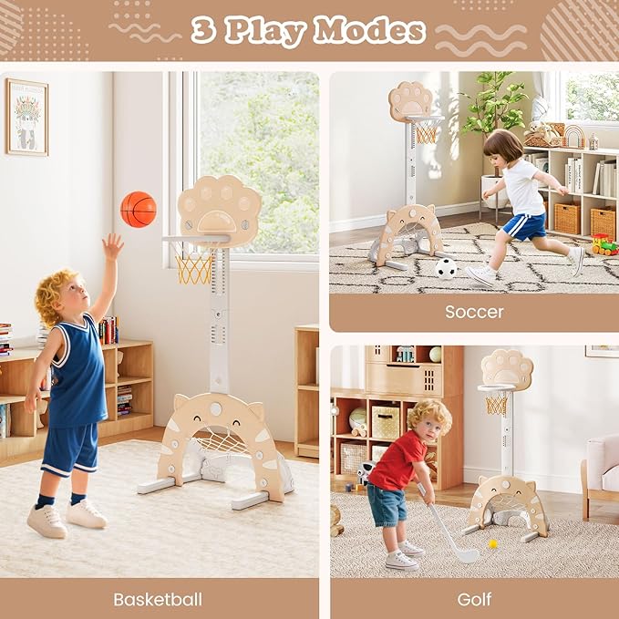 Costzon 3 in 1 Toddler Basketball Hoop, Height Adjustable Kids Sports Center w/Foldable Basketball, Soccer & Golf Game, Indoor Outdoor Activity Playset w/Foldable Rim, Gift for Children Baby Infant-CubbioJoy