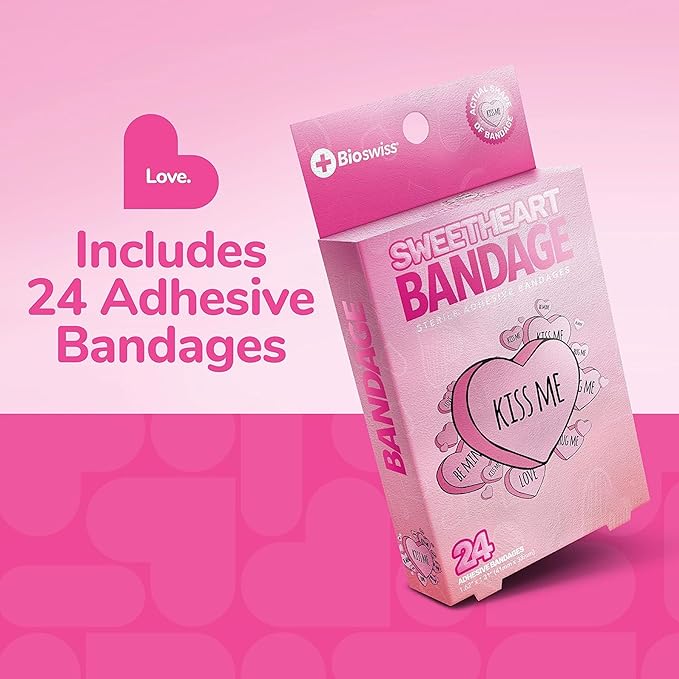 BioSwiss Bandages, Valentine Valentine Heart Shaped Self Adhesive Bandage, Latex Free Sterile Wound Care, Fun First Aid Kit Supplies for Kids, 24 Count-CubbioJoy