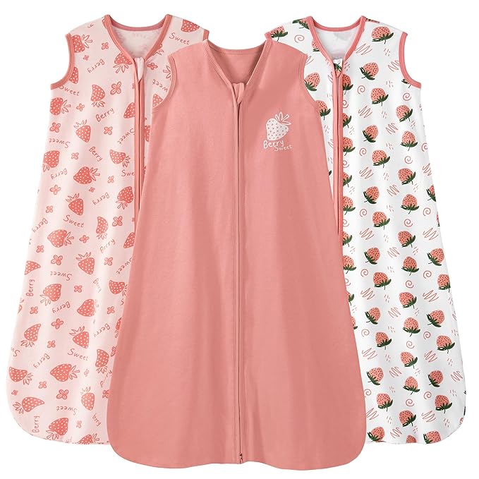 Baby Sleep Sack 12-18 Months 0.5 Tog Wearable Blanket Baby, 3 Pack 100% Cotton Lightweight Sleeping Sack with 2-Way Zipper for Infant Toddler Strawberry-CubbioJoy