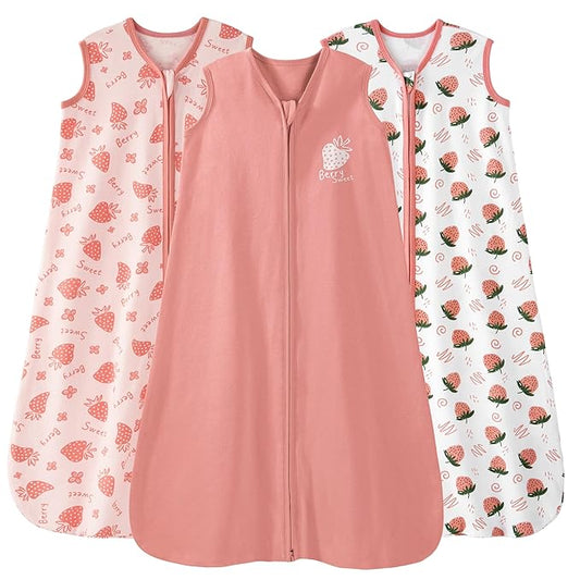 Baby Sleep Sack 12-18 Months 0.5 Tog Wearable Blanket Baby, 3 Pack 100% Cotton Lightweight Sleeping Sack with 2-Way Zipper for Infant Toddler Strawberry-CubbioJoy