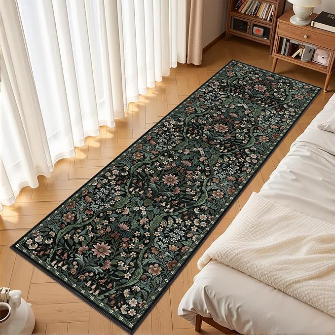 2x6 Washable Runner Rug,Black Floral Boho Area Rug for Hallway,Low-Pile Non-Slip Stain Resistant Carpet for Kitchen, Bedside,Laundry Room,Entryway-CubbioJoy
