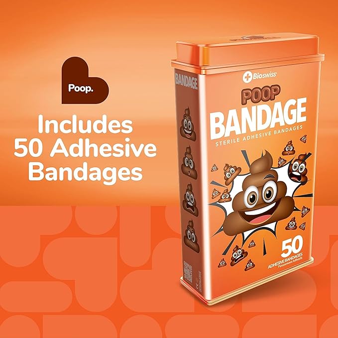 BioSwiss Bandages, Poop Shaped Self Adhesive Bandage, Latex Free Sterile Wound Care, Fun First Aid Kit Supplies for Kids, 50 Count-CubbioJoy