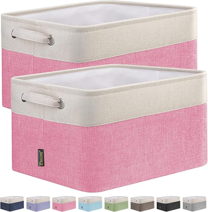 BALEINE 2 Pack Fabric Storage Bins for Shelves, Linen Storage Baskets for Organizing, Decorative Closet Bins for Clothes, Home (Pink, 12"x8"x8")-CubbioJoy