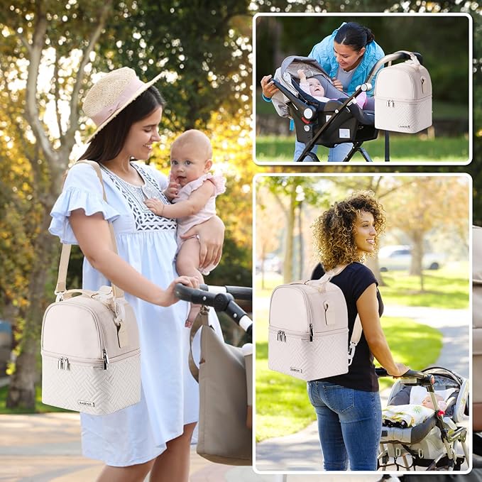 Breastmilk Cooler Bag with Ice Pack Fits 6 Baby Bottles up to 9 Ounce, Breast Milk Pump Cooler Bag with Shoulder Strap for Nursing Mom Daycare, Work, Travel- Cream-CubbioJoy