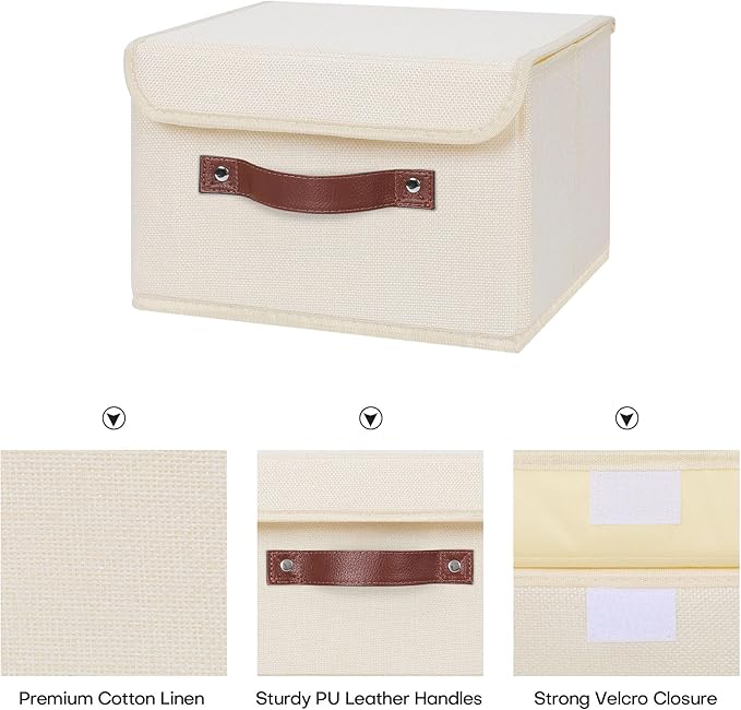 ANMINY Storage Bin with Lid Storage Boxes with PU Leather Handles PP Plastic Board Decorative Foldable Lidded Cotton Linen Fabric Home Cubes Baskets Closet Organizer Container - Beige, Small Size-CubbioJoy
