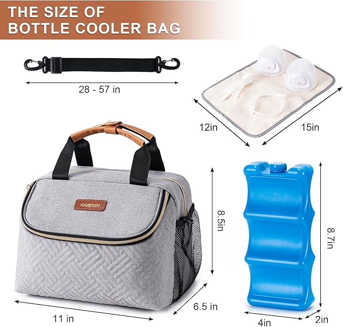 Breastmilk Cooler Bag with Ice Pack Fits 6 Baby Bottles up to 9 Ounce, Wearable Breast Pumps Cooler Bag for Nursing Mom Daycare, Work, Travel- Grey-CubbioJoy