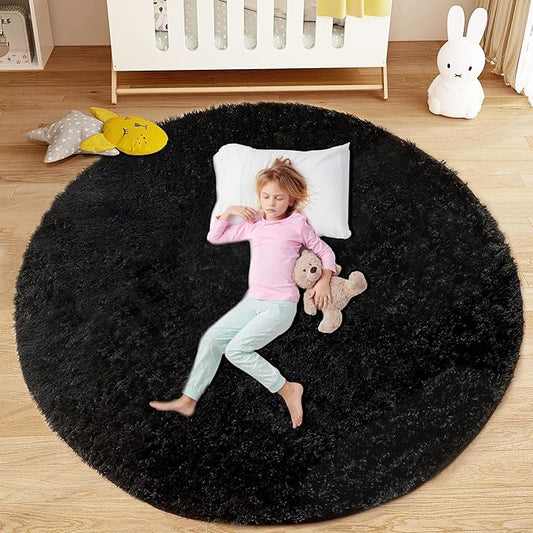 4FT Round Rug for Bedroom: Fluffy Shag Soft Washable Rugs Circle Small Fuzzy Plush Indoor Carpet for Living Room Nursery Playroom Dorm Kids Girls Boys Room (Black, 4'x4')-CubbioJoy