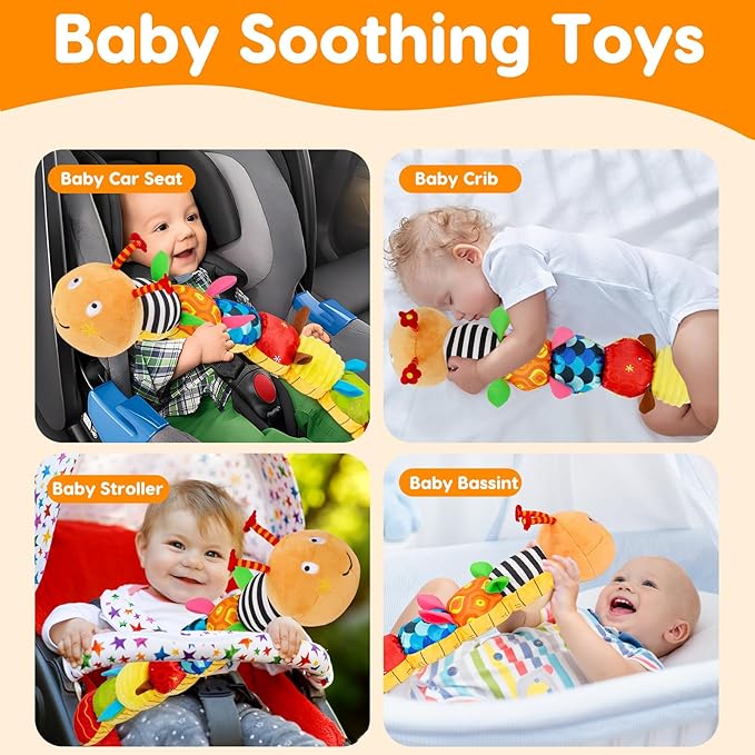 Baby Sensory Caterpillar Toys 0-3 Month Music Animal Stuffed Plush Toy for Infant 0-3-6-12 Month Tummy Time with Crinkle Rattle for Newborn 9-12 Month Texture Toy for Boy Girl Birthday Shower 1-CubbioJoy