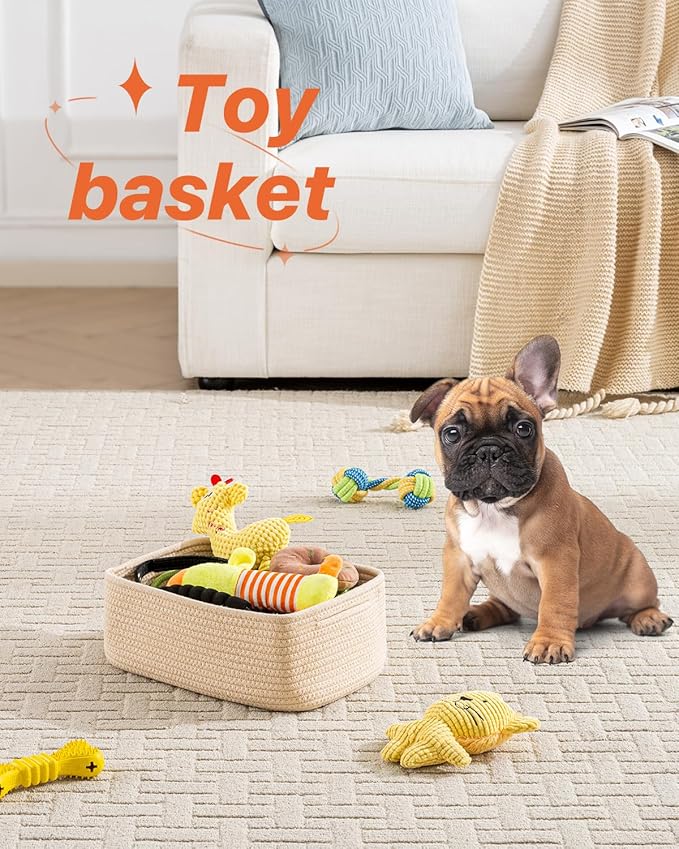 KALLAX Small Woven Basket, 12 x 8 x 4.5 Inches, Storage Basket for Organizing, Cute Small Rope Shelf Closet Cube Storage Bins Baskets for Shelves, Dog Toy Gift Baskets Empty, 3 Packs, Beige-CubbioJoy
