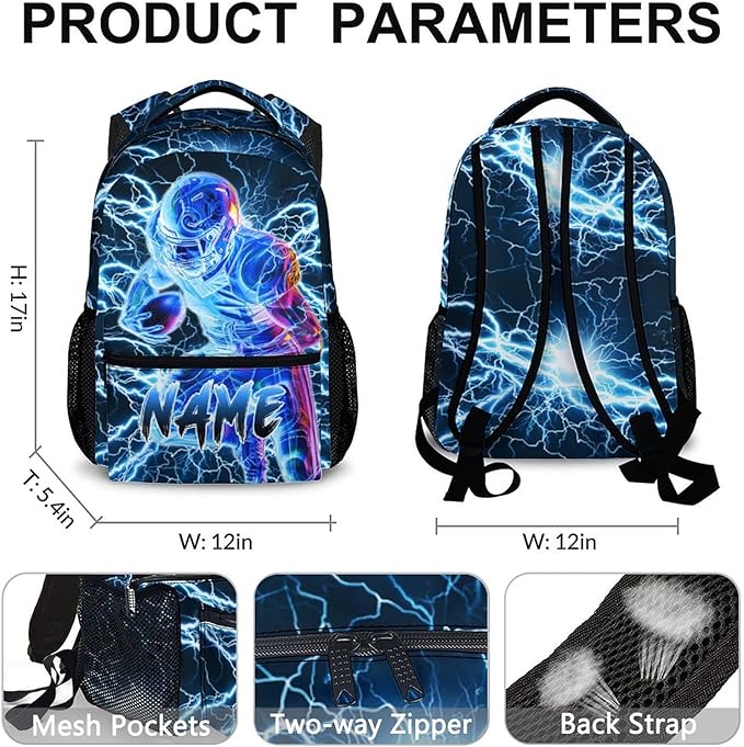Boys School Backpack, Personalized Football Backpacks for Kids Kindergarten Senior Middle, 17 Inch Lightweight Lightning Bookbag with Custom Name, Cool Back to School Gift-CubbioJoy