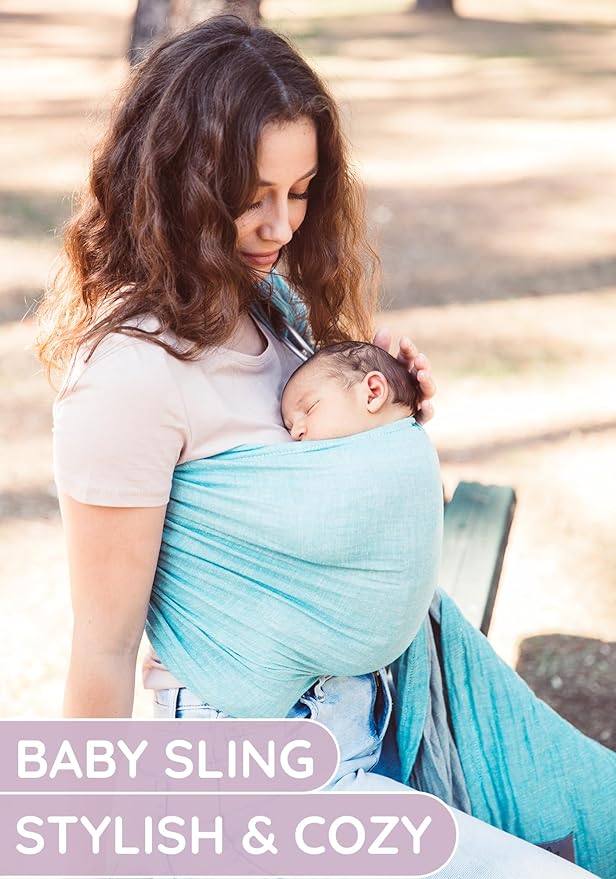 Baby Sling Carrier – Breathable 100% Cotton Wrap for Infant Support, Ring Sling Baby Carrier – Grey Turquoise Adjustable Muslin Fabric – Soft Chest Hold for Travel-CubbioJoy