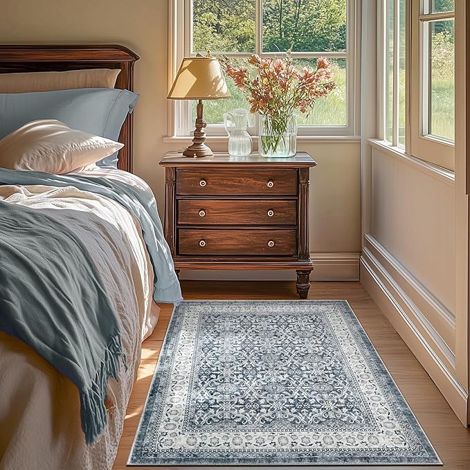 jinchan Floral 3x5 Area Rugs for Entryway - Taupe Vintage Distressed Design Doormat Non-Slip Ultra-Thin Low Pile Boho Rug for Kitchen Living Room Bedroom Farmhouse (3‘x5',Grey)-CubbioJoy