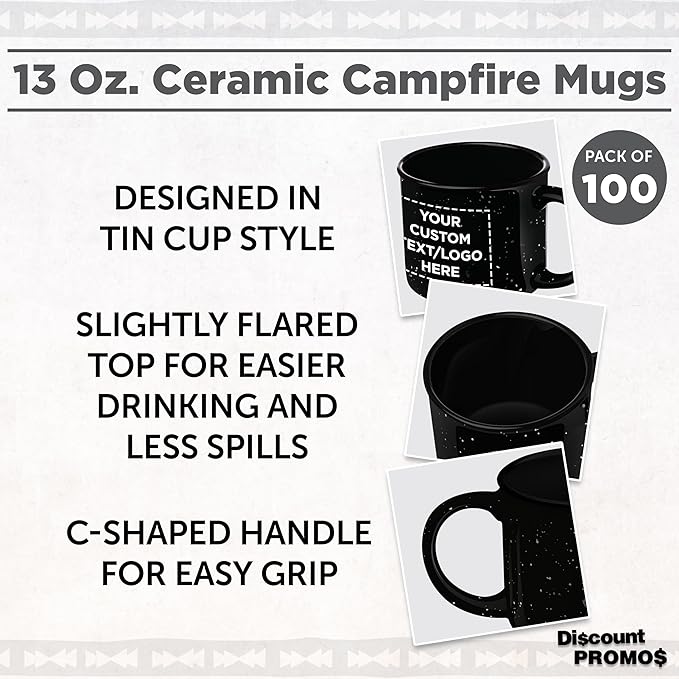 DISCOUNT PROMOS Custom Ceramic Campfire Coffee Mugs 13 oz. Set of 100, Personalized Bulk Pack - Perfect for Tea, Espresso, Cappuccino, Hot Cocoa - Black-CubbioJoy
